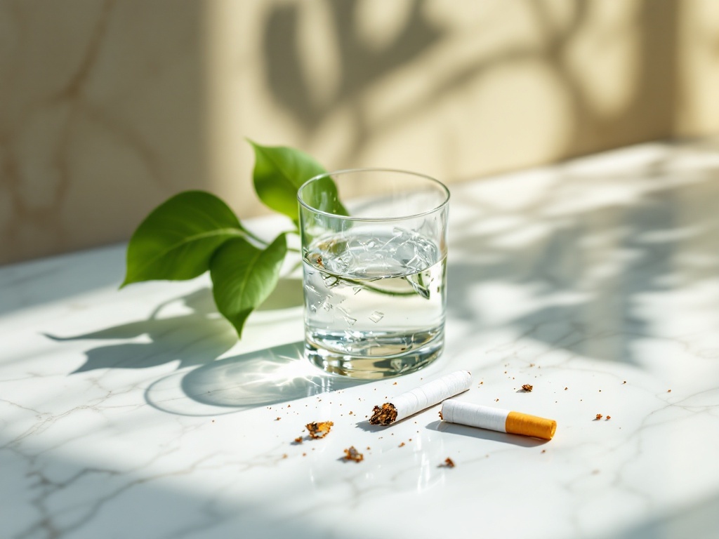 Broken cigarette beside a glass of water and a green leaf on marble